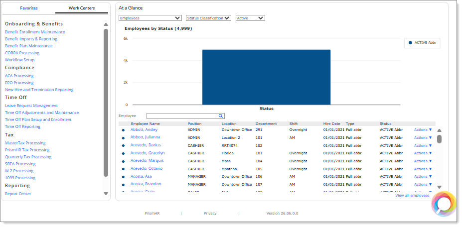 Enhanced Dashboard form, showing the Favorites and Work Centers sidebar and the 'At a Glance' data visualization panel.